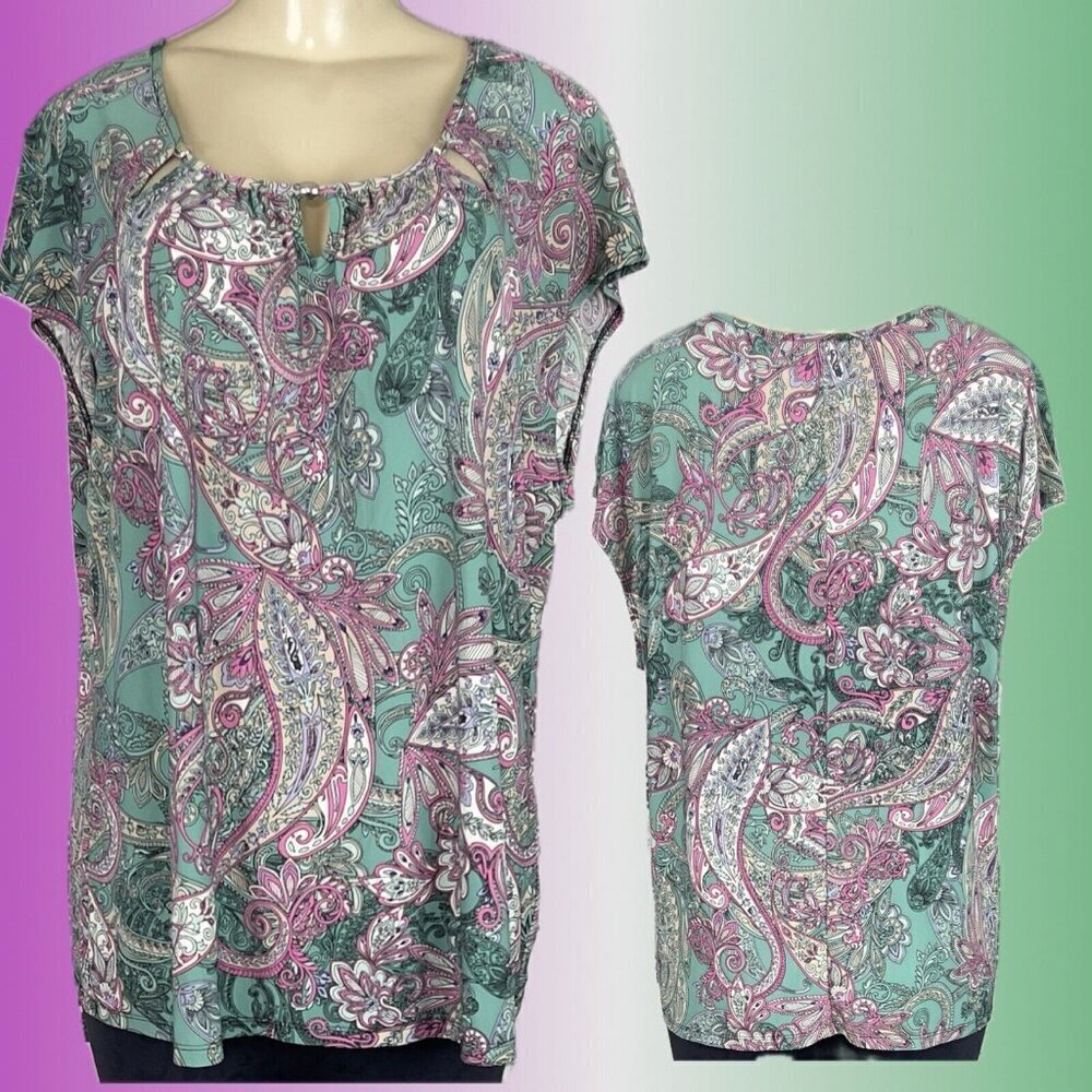 Grayson +1X Green-Pink Paisley 3 Keyhole Metal Detail Scoop Neck Cap Sleeve Top